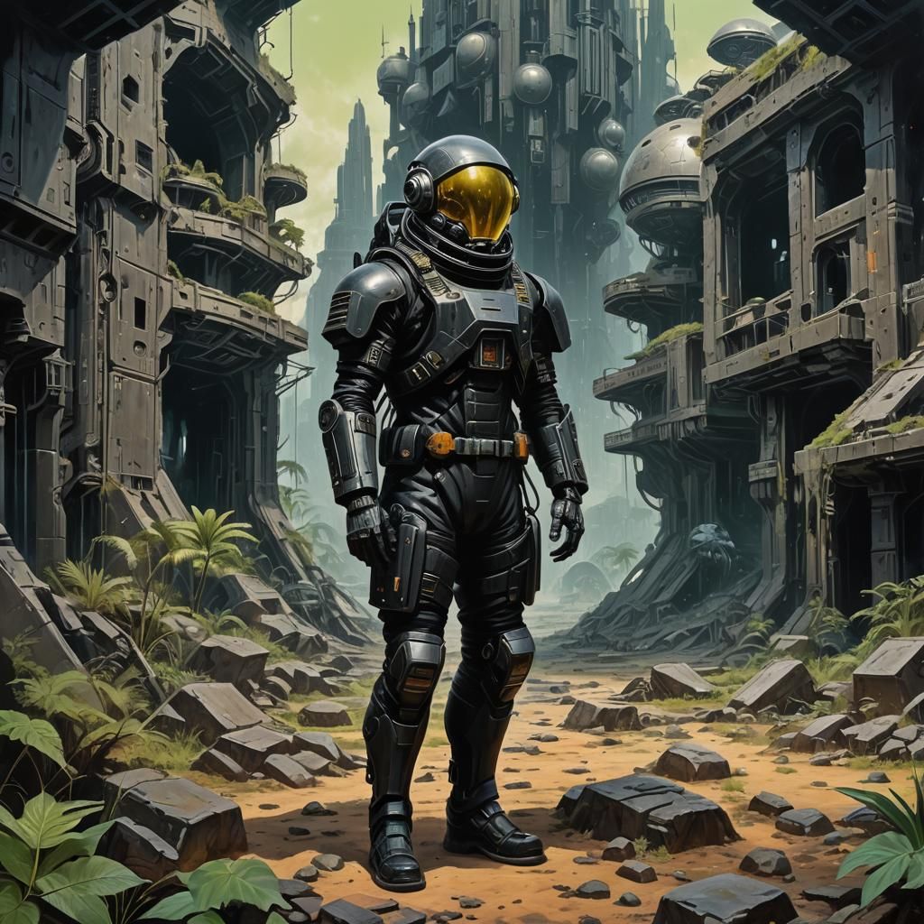 Cyberpunk Soldier Scavenging Alien Ruins in Noir Style