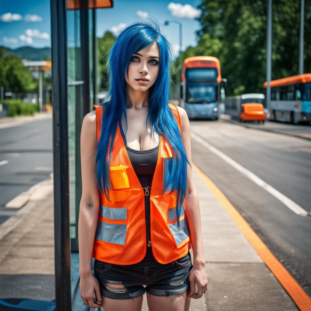 Emo Girl in Orange Vest: Hyperrealistic Full Body Shot