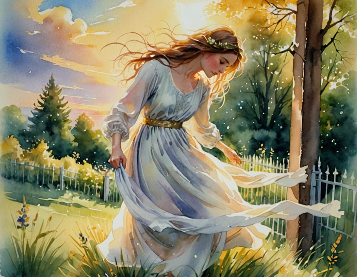 Ethereal Watercolor Portrait of a Woman in a Heavenly Meadow