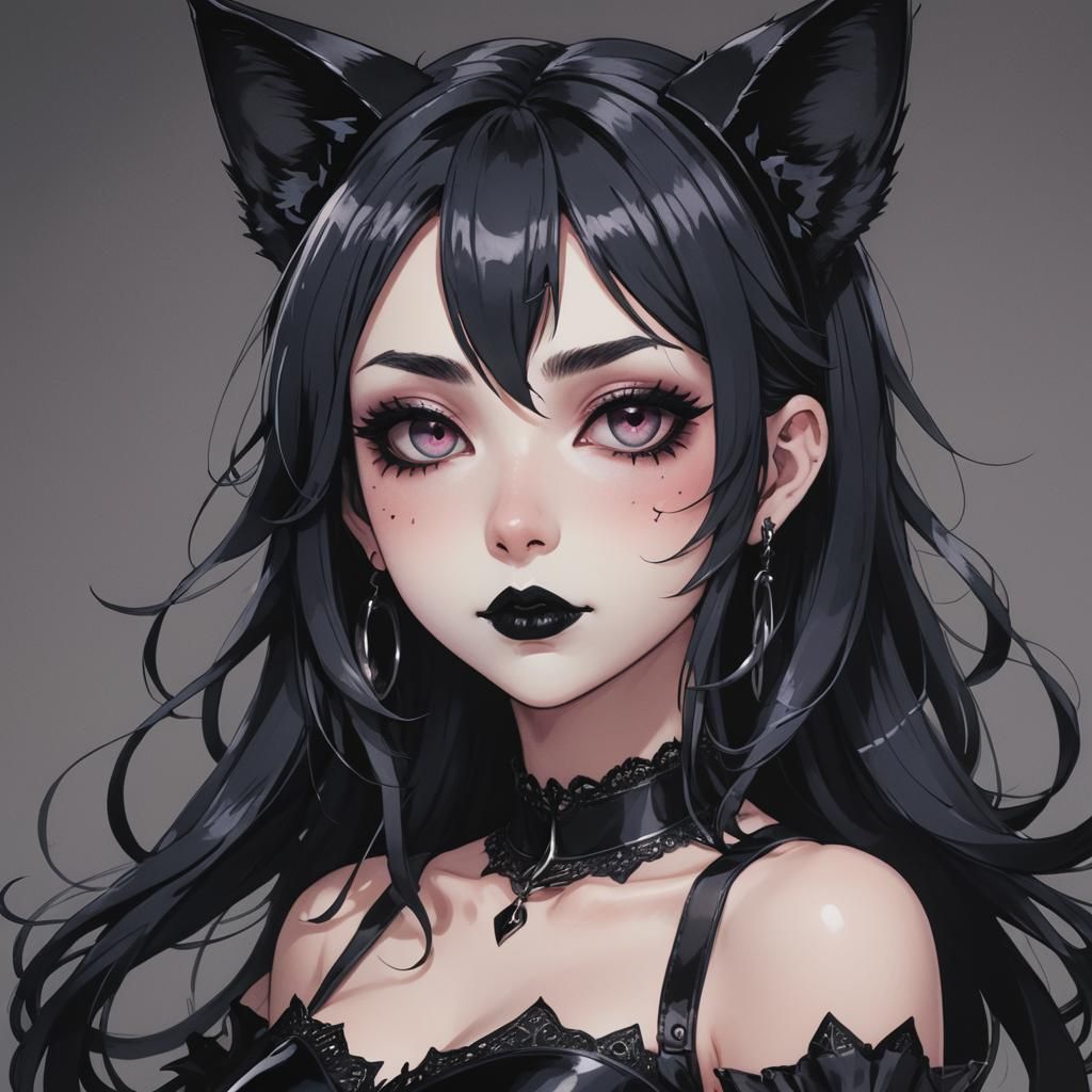 Goth Catgirl with Cat Ears in Anime Style