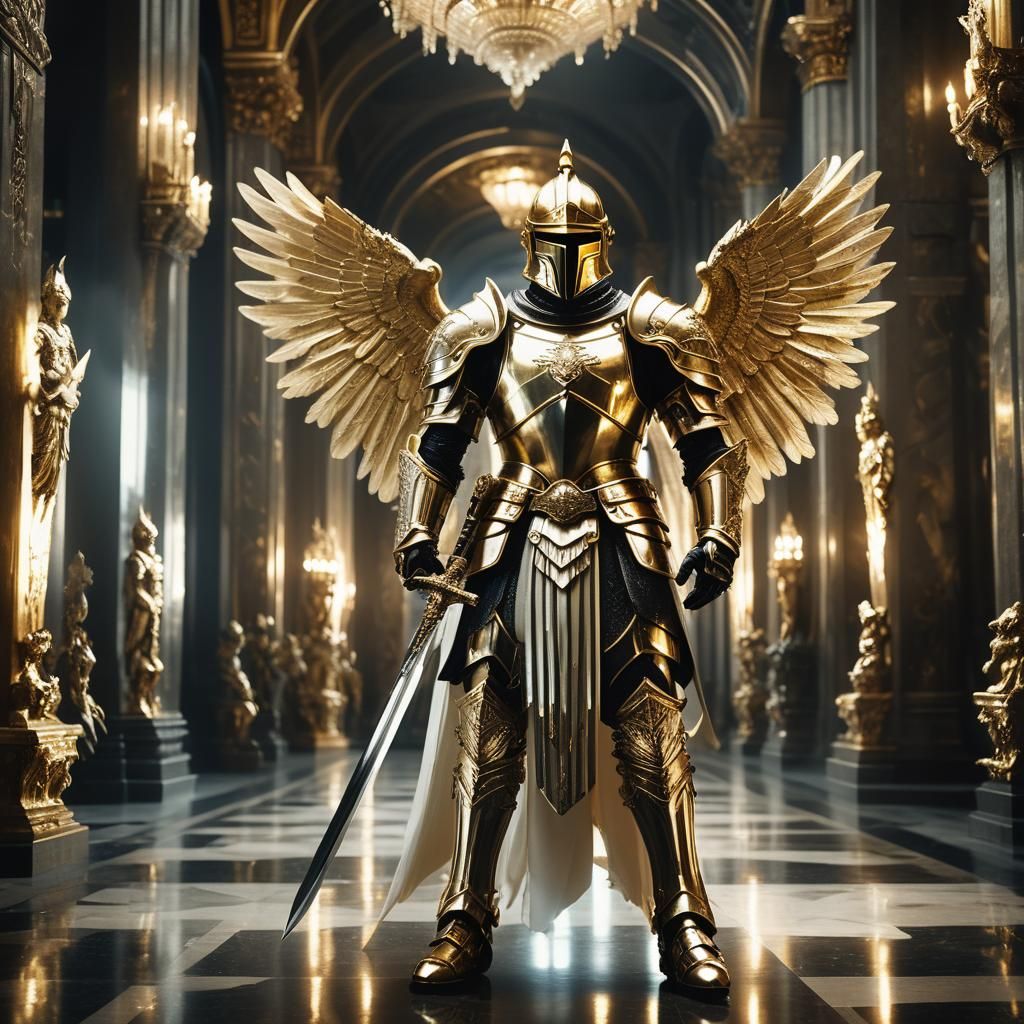 Golden Knight with Wings in Opulent Hallway