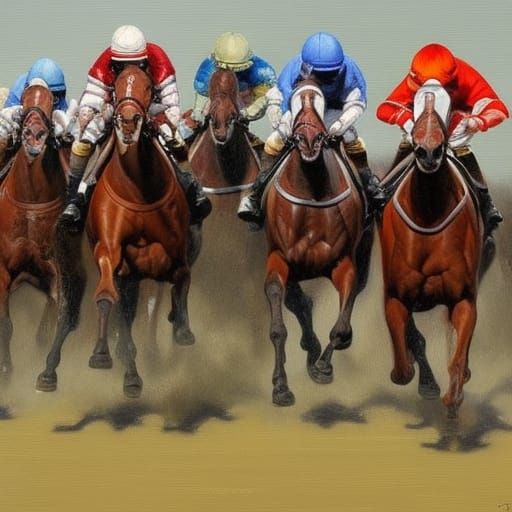 Detailed Realistic Horse Racing in Oil Painting