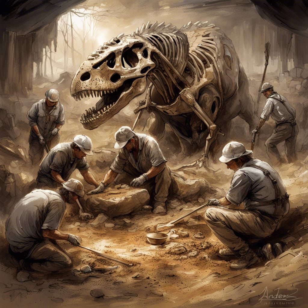 Archaeologists Unearthing Dinosaur Skeleton, Surreal Art