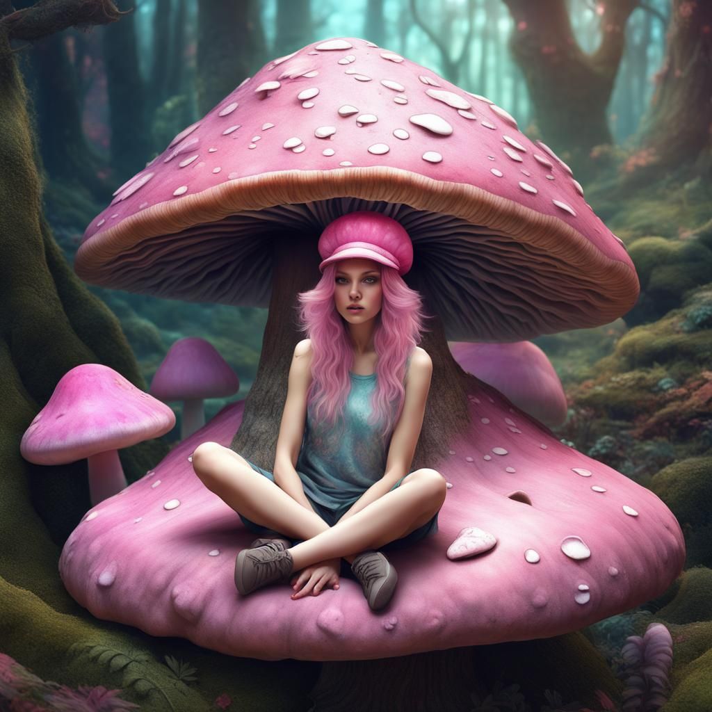 Fairy with Pink Wings in Mushroom Land