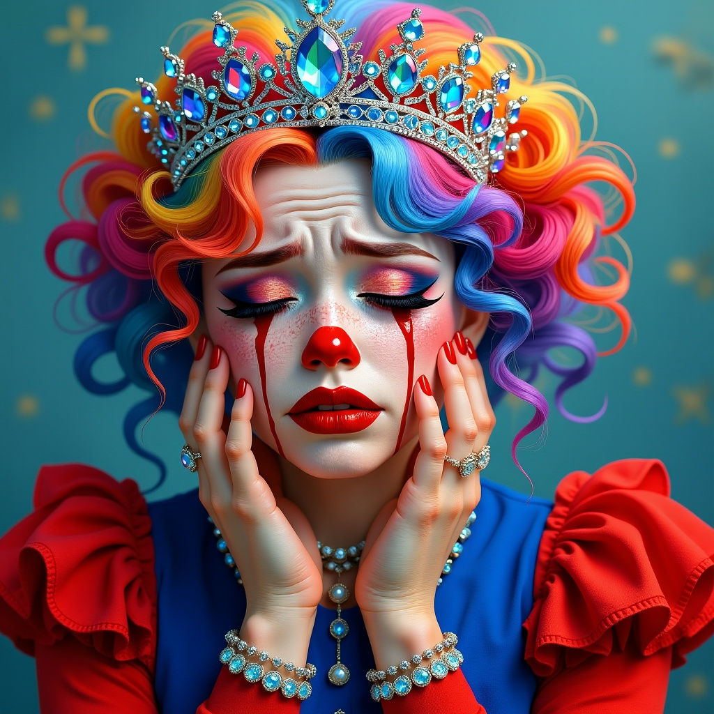 Crying Clown Queen with Rainbow Hair and Crown