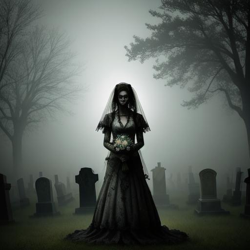 Zombie Bride in Haunted Cemetery: Hyperrealistic Image