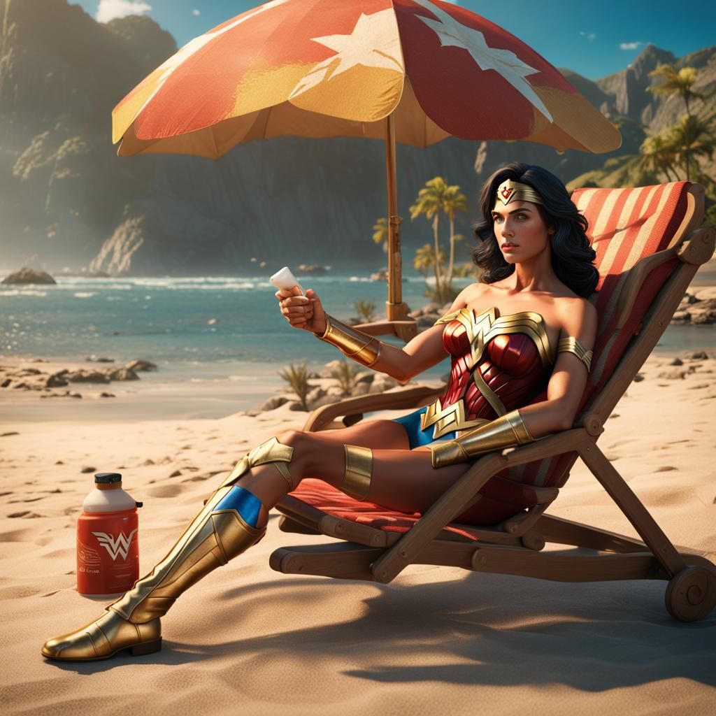 Wonder Woman Relaxing on a Beach, Matte Painting