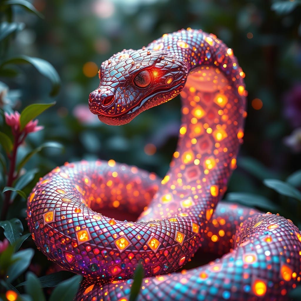 Ethereal Cosmic Serpent Unfurls in Vibrant Garden Scene