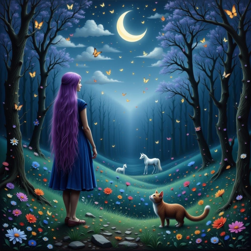 Young Woman and Cat in Moonlit Woodland Clearing