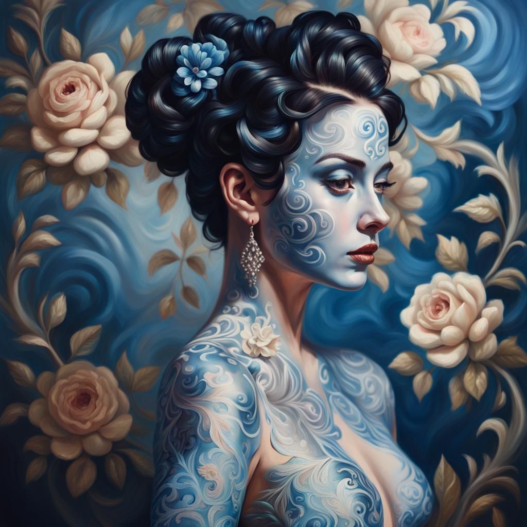 Elegant Woman with Blue Skin in Baroque Portrait