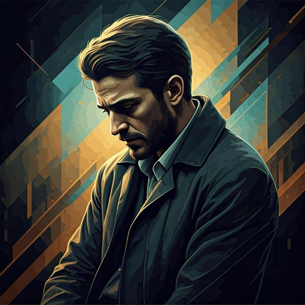 Introspective Man in Geometric Art Deco Cubism