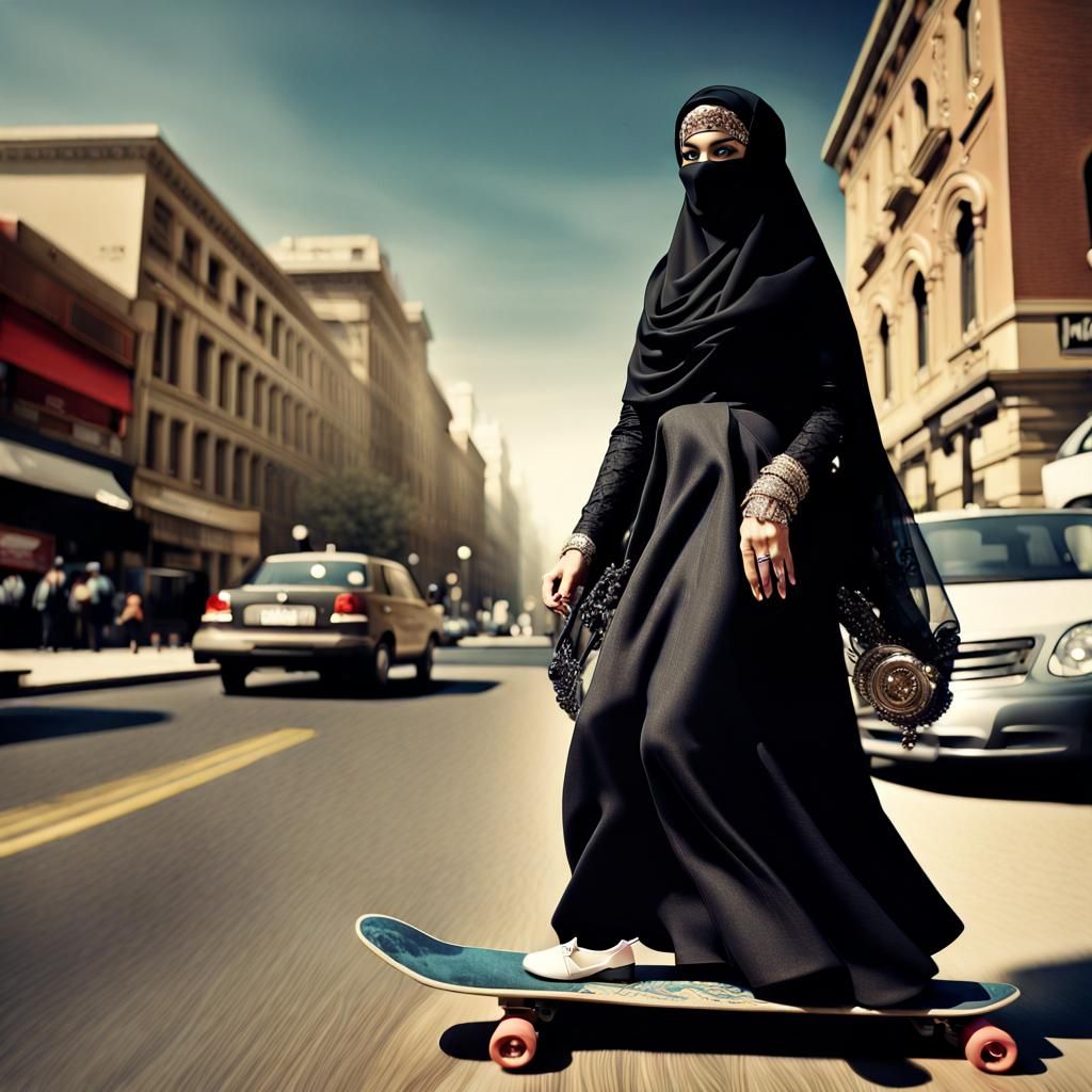 Bejeweled Woman Skateboarding in Ornate Hijab