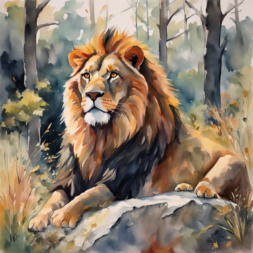 Regal Lion Watercolor Portrait in Earthy Tones