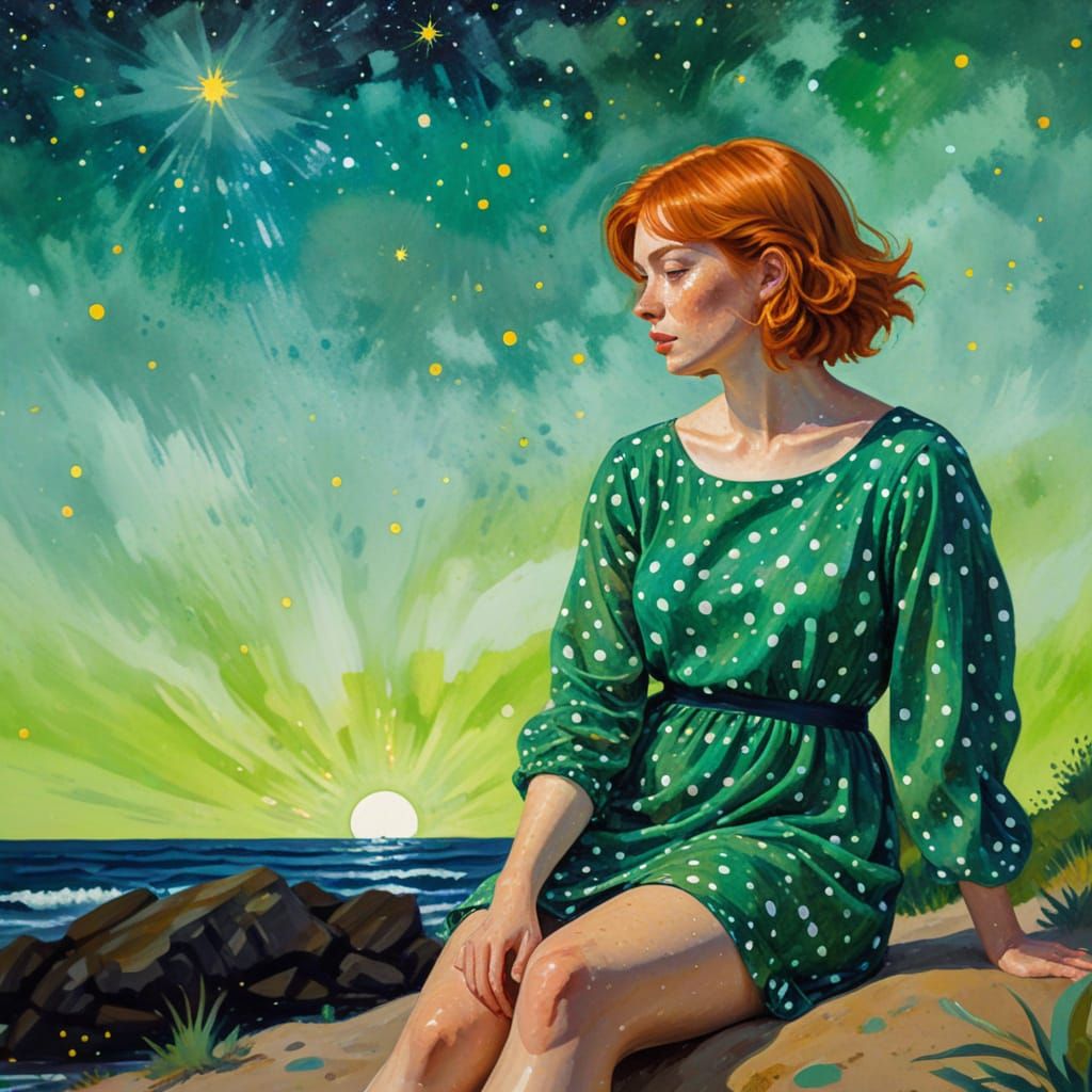 Woman on Fluorescent Beach in Gouache Style