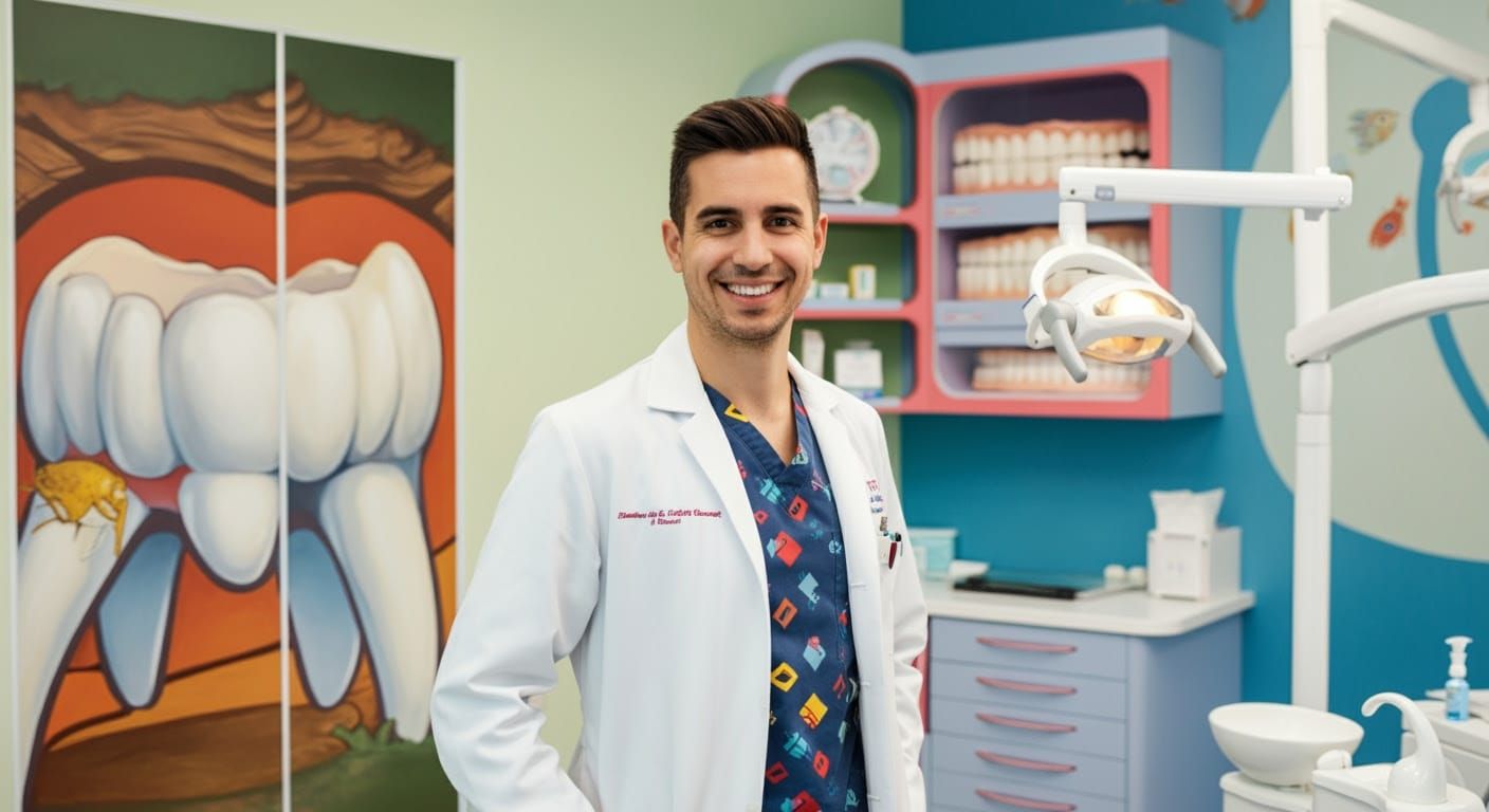 Smiling Dentist with Big Teeth in Mucha Style