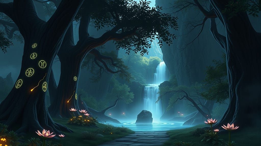Enchanted Alpine Forest with Glowing Runes