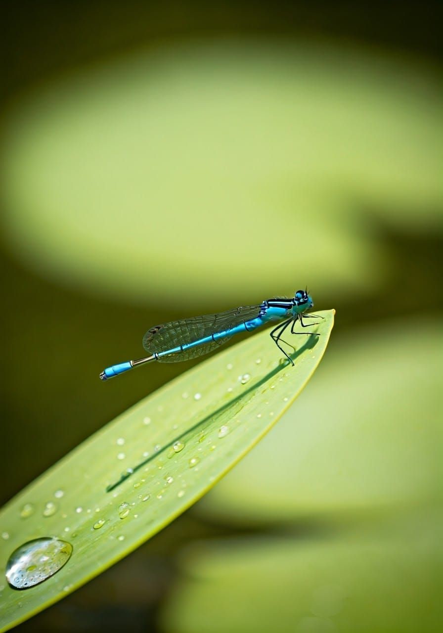 Azure Dragonfly on Water Lily Leaf: Macro Photography