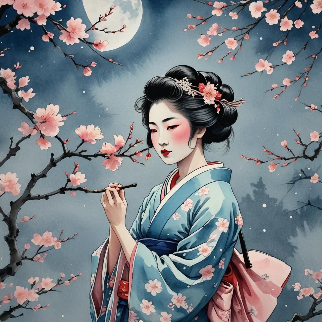 Geisha with Cherry Blossom in Ukiyo-e Style