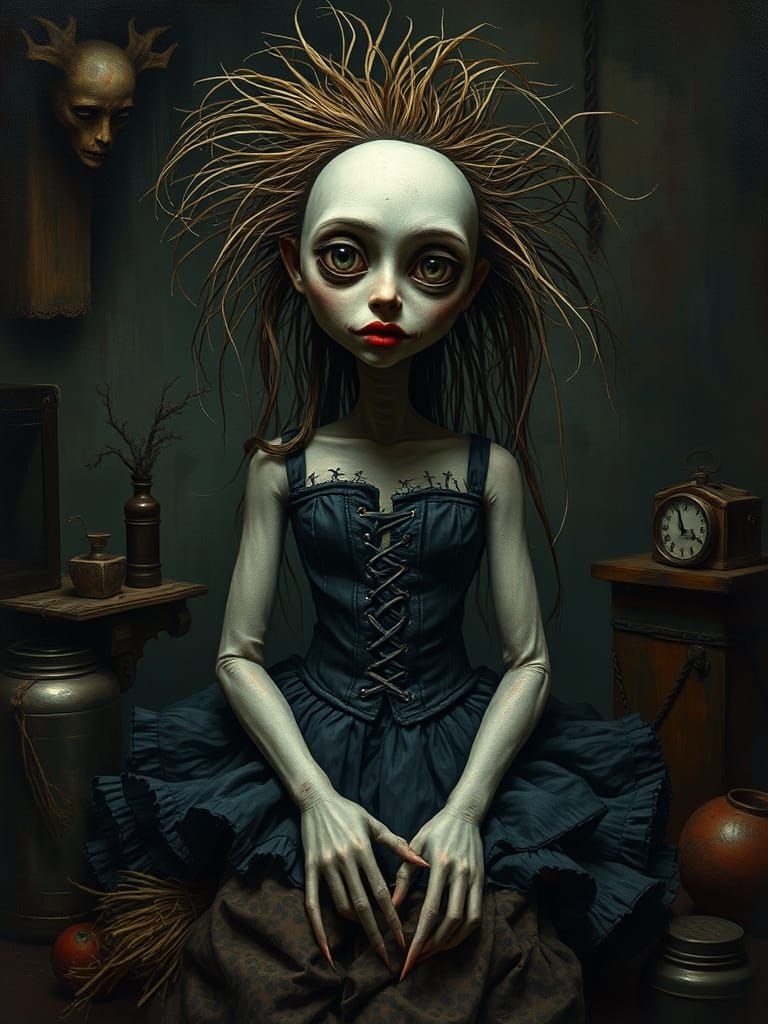 Surreal Gothic Oil Painting of a Puppet Girl