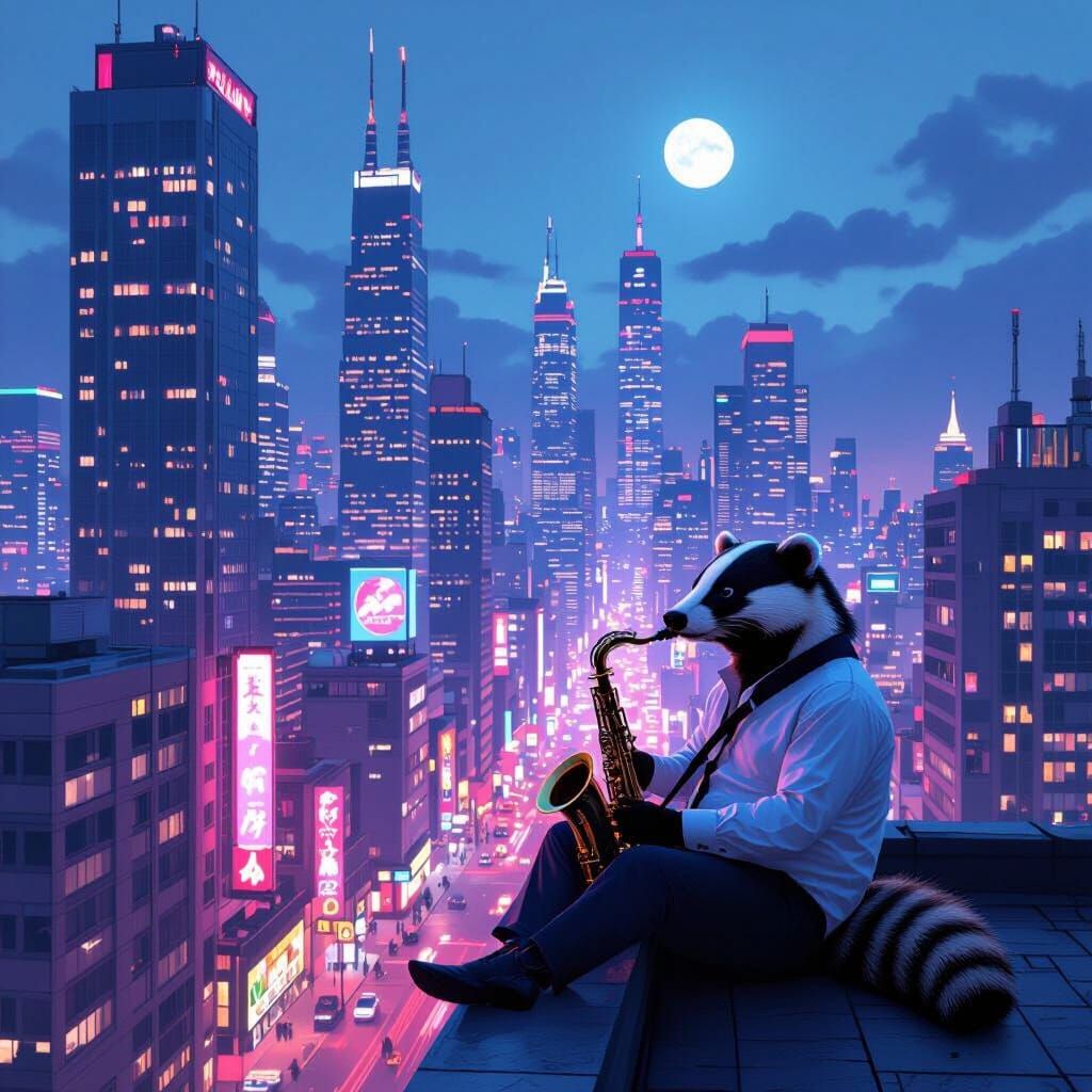 Badger Musician on City Rooftop Under Moonlit Sky
