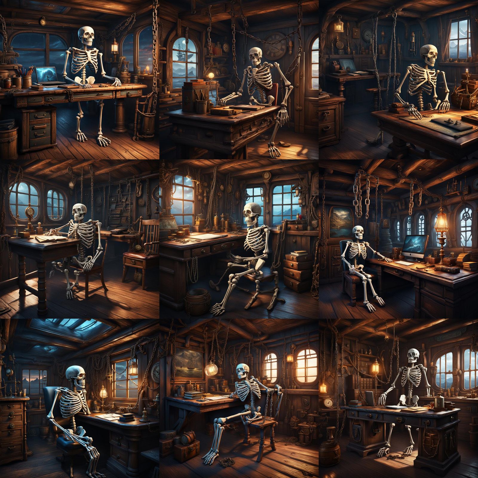Chained Skeleton in Ship Cabin: Fantasy Art