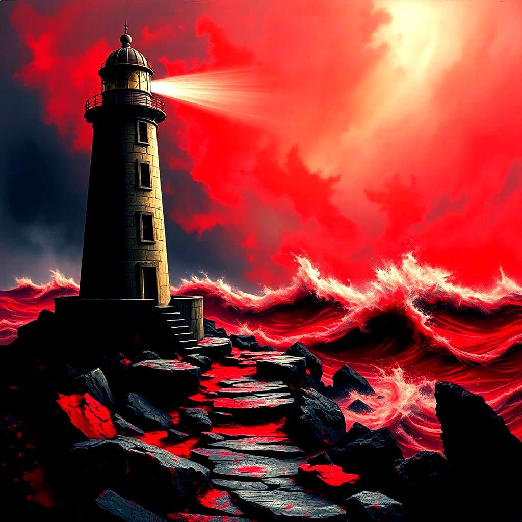 Lighthouse Over Ocean of Blood: Graffiti Art Style