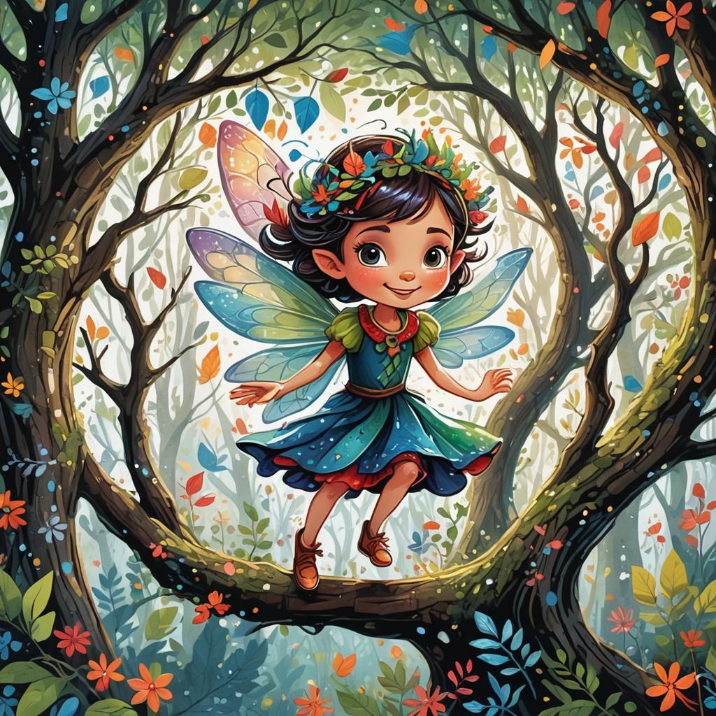 Enchanted Forest Fairy Illustration in Folk Art Style