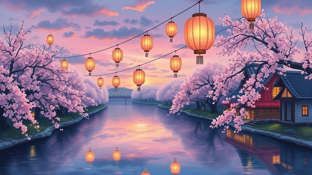 Dreamy Japanese Lanterns Reflect on Twilight River