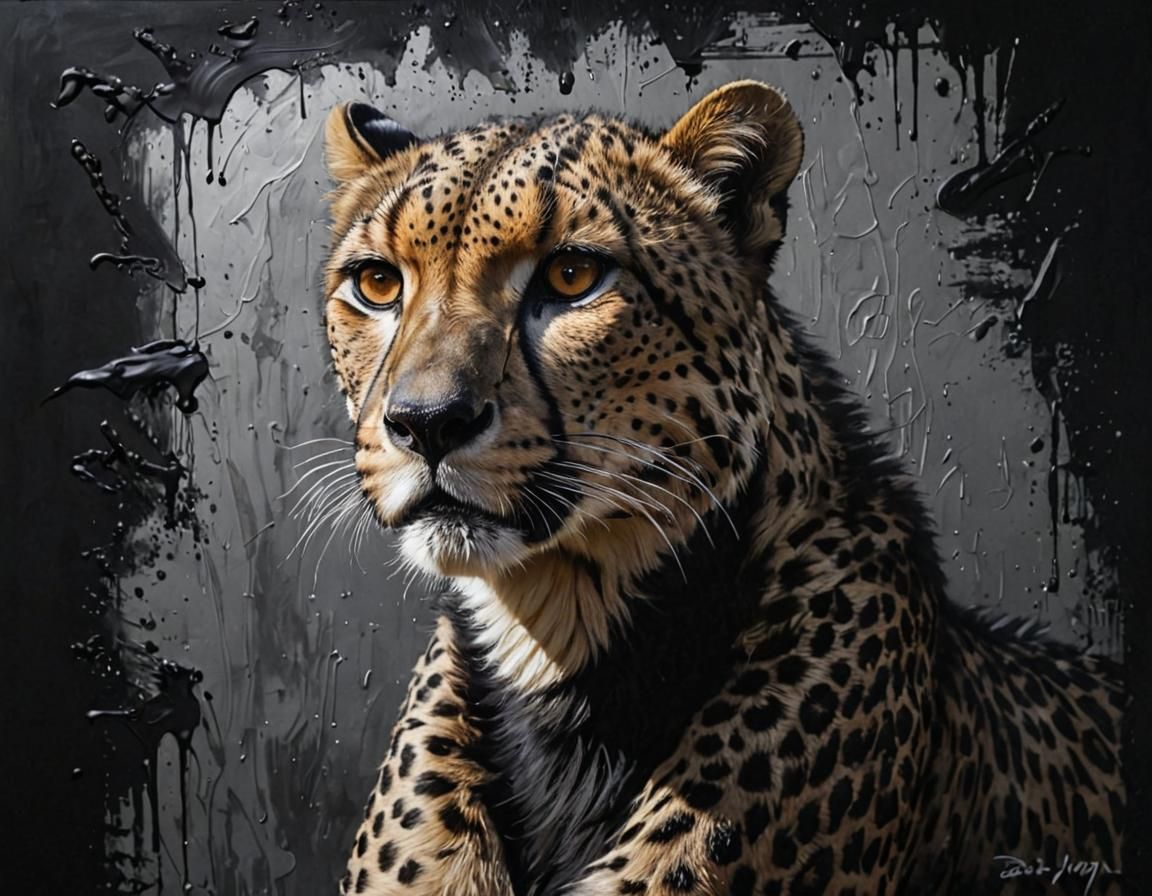 Black Cheetah Painting with Silver Highlights in Grunge Styl...