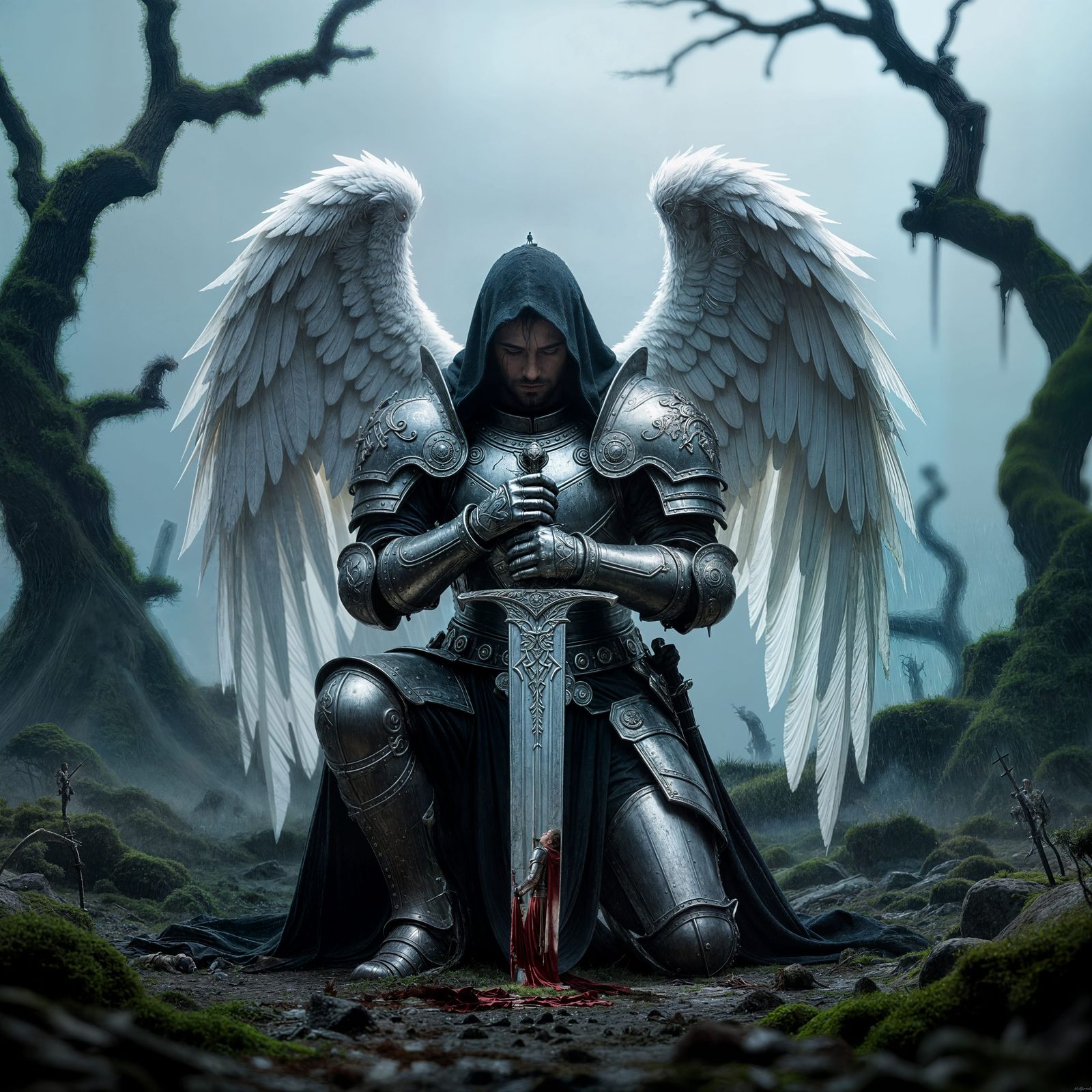 Knight Angel Kneeling on Battlefield