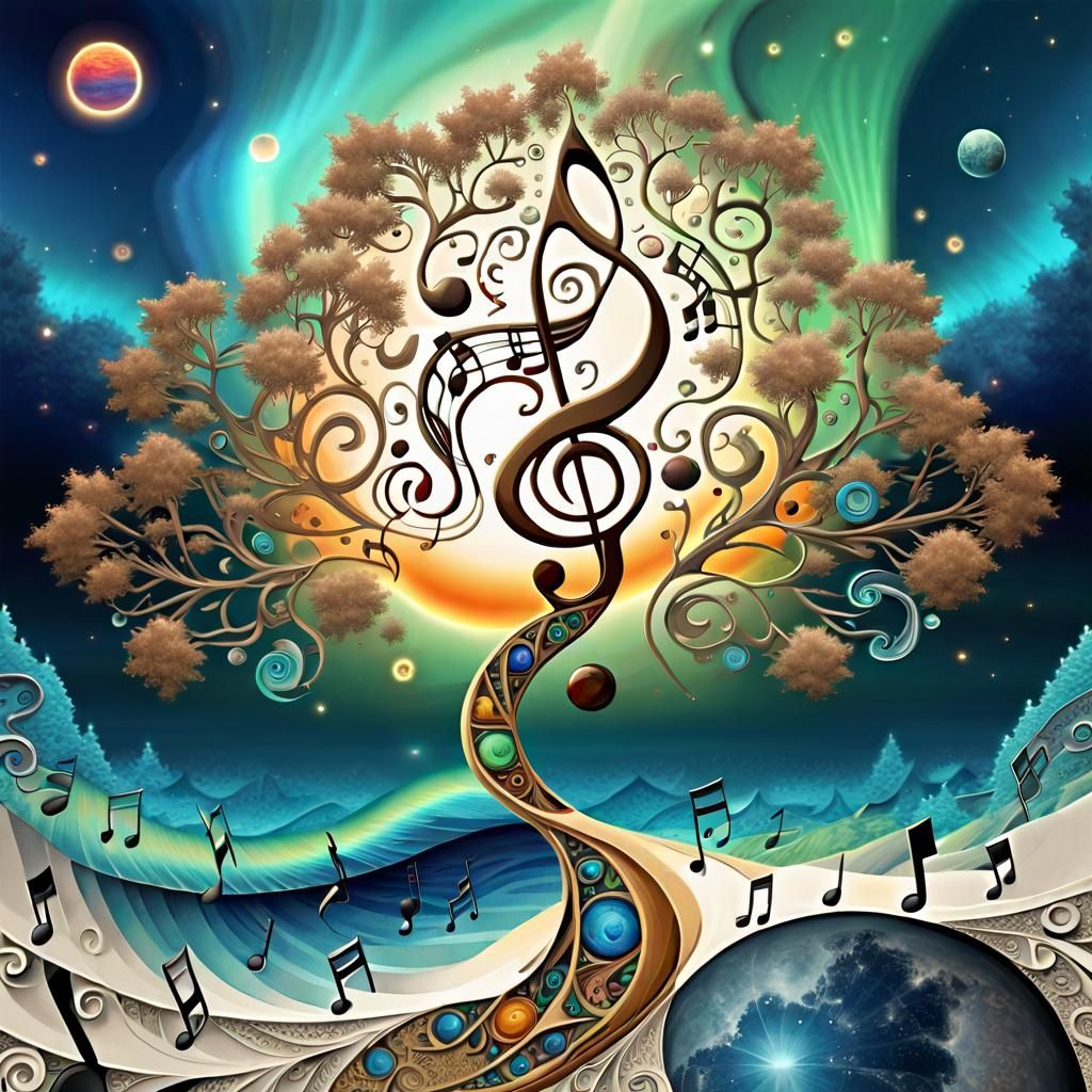 Surreal Tree of Music with Planets and Aurora