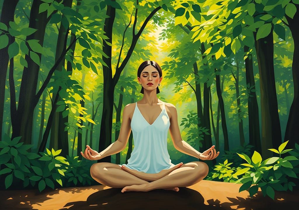 A serene woman meditating in lotus pose amidst a lush green forest, dappled sunlight filtering through leaves, rich impa...