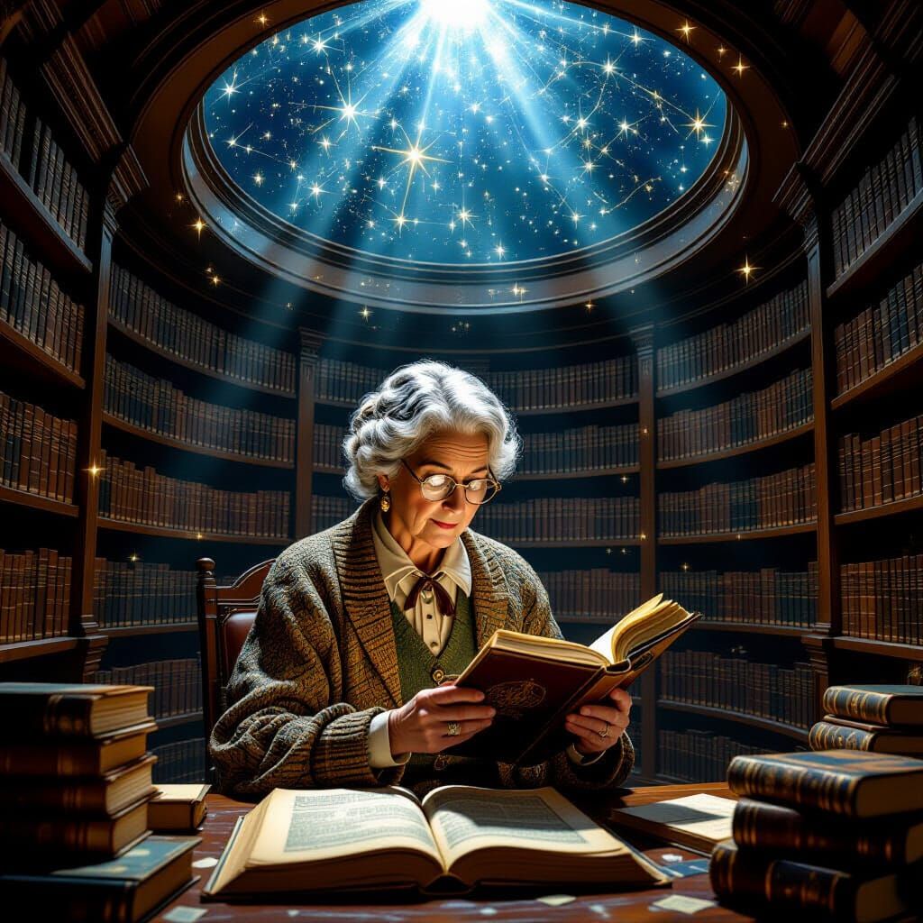 Wise Librarian Cataloging Ancient Tomes in Circular Chamber