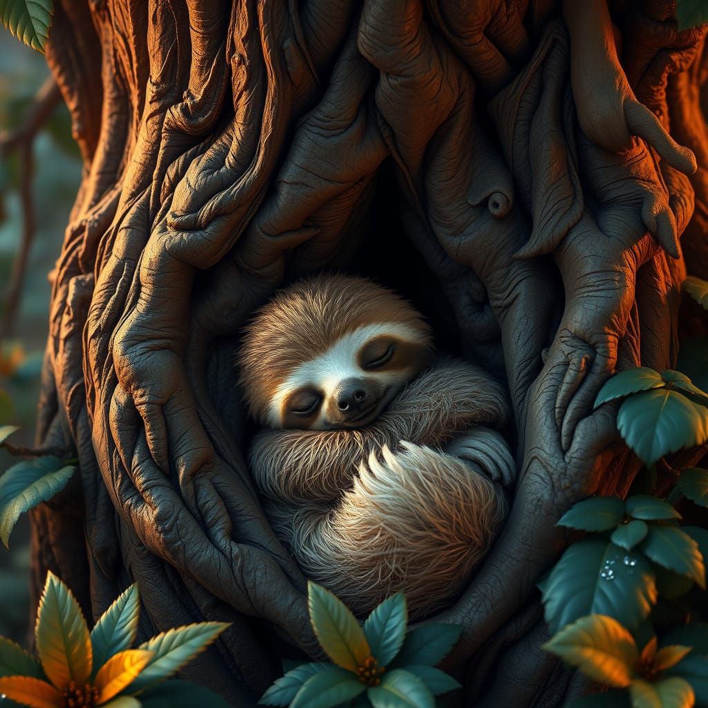 Peaceful Baby Sloth in Lush Tropical Oasis