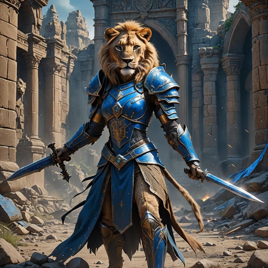 Lioness Warrior in Blue Armor with Sword
