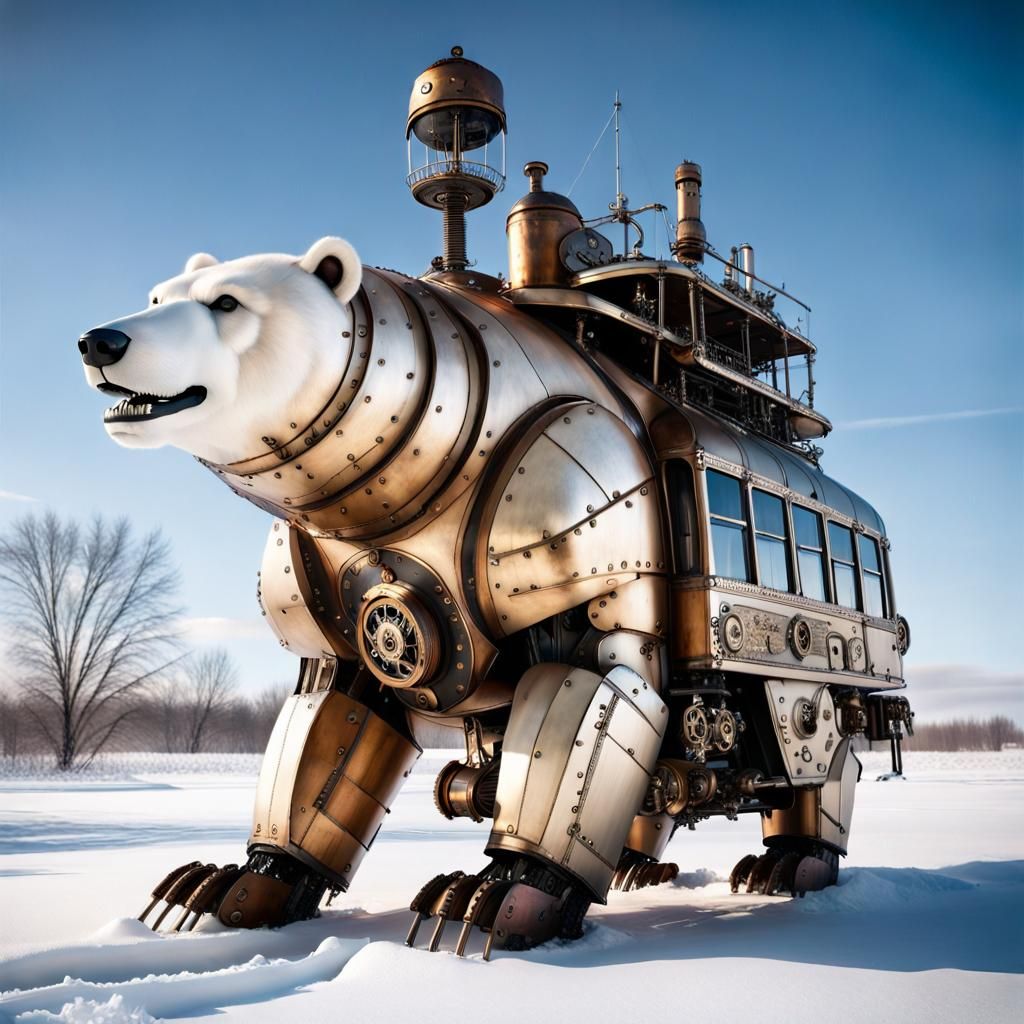 Steampunk Polar Bear Bus in Winter Landscape