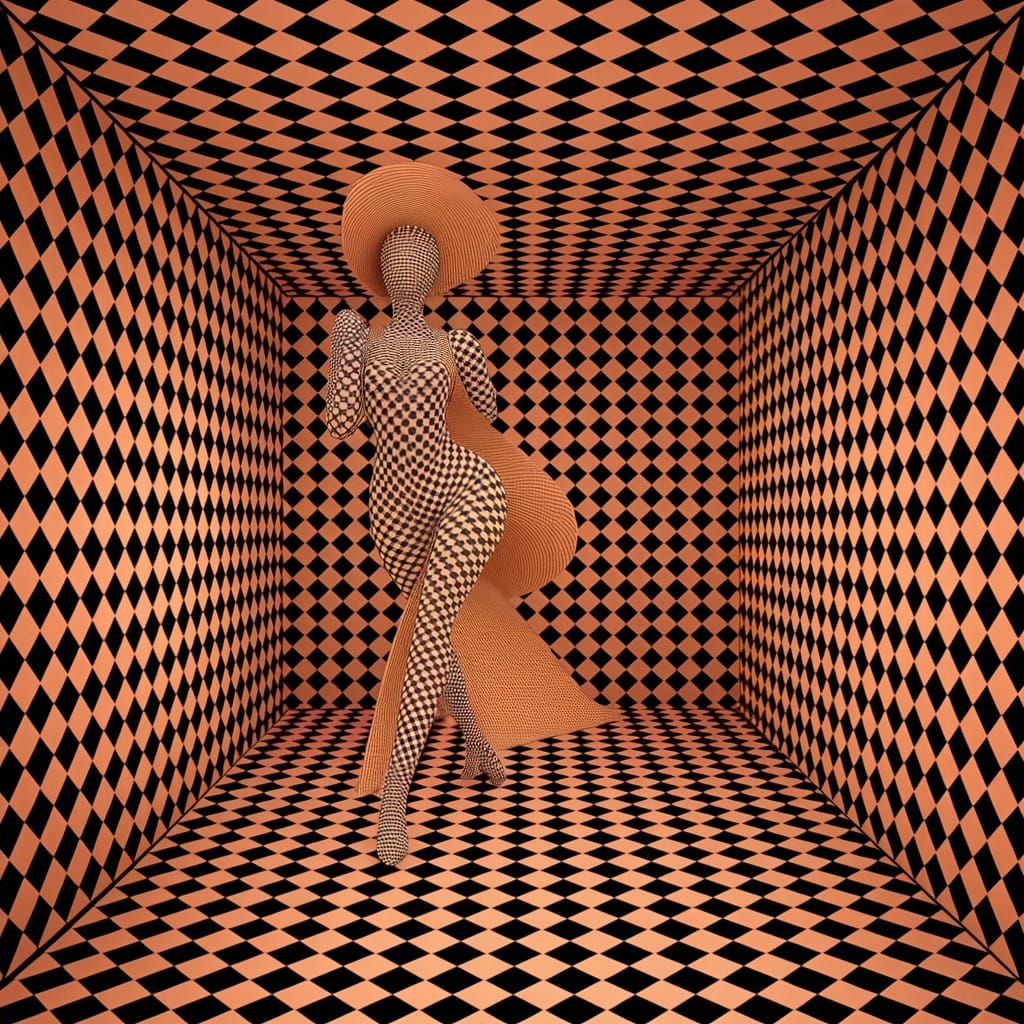 Optical Illusion Gingham Architecture with a 1960s Woman