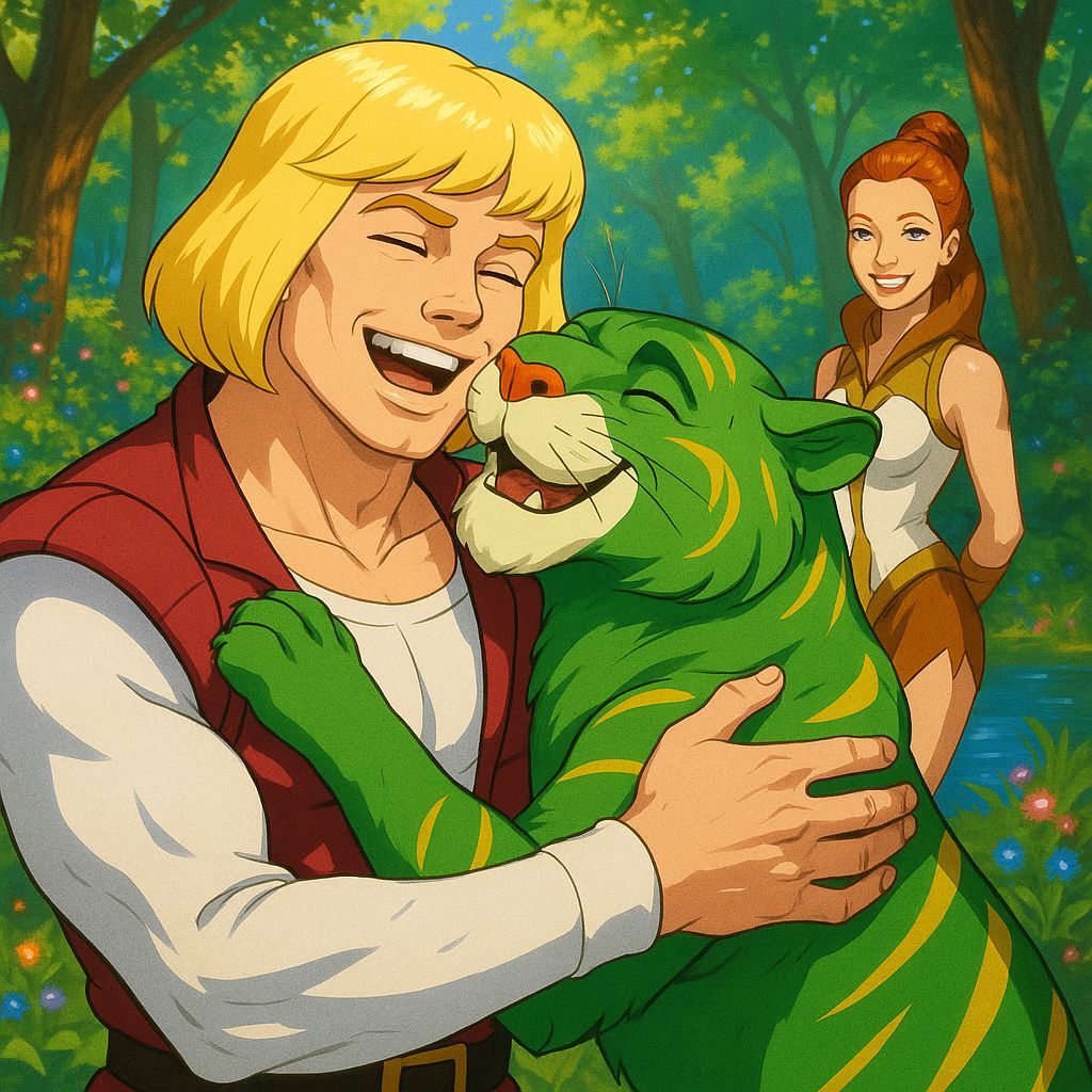 Prince Adam and Cringer Hug in Sunny Forest