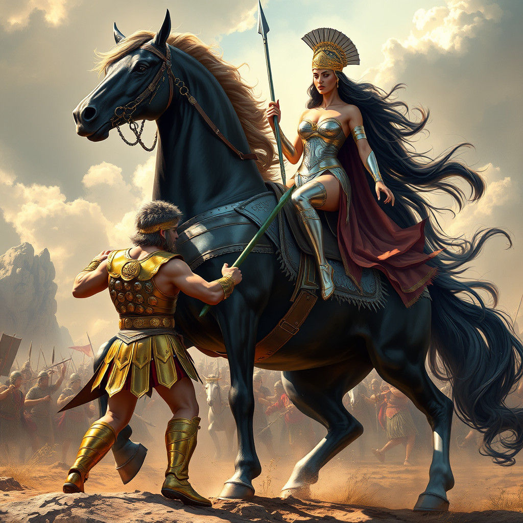 Achilles Confronts Amazon Queen on Black Stallion