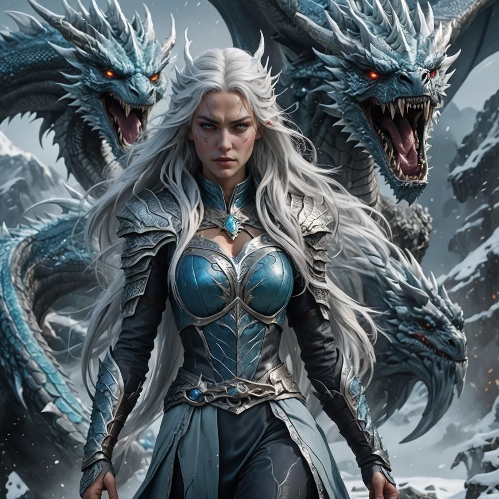 Ice Dragon Woman with Flowing Silver Hair
