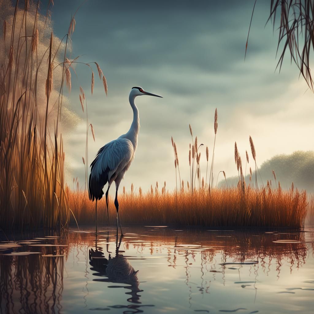 Crane Gazing at Reflection in Lake: Fantasy Concept Art