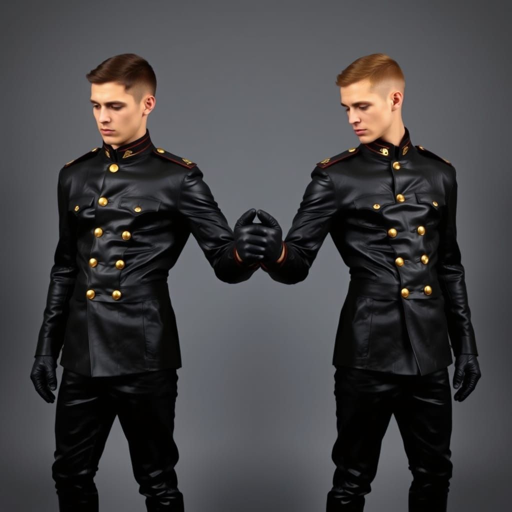 Two Young Men in Identical Black Leather Attire Stand in Con...