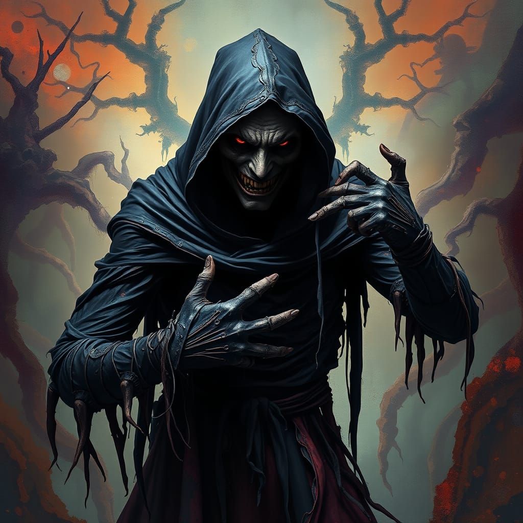 Ominous Dark Figure in Biomechanical Dreamscape