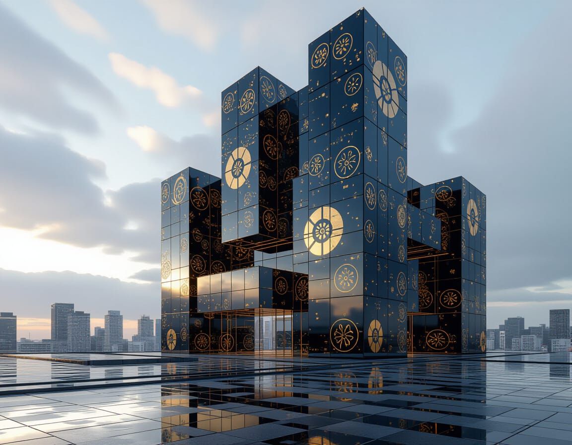 Futuristic Black Glass Megastructure with Gold Mokumegane