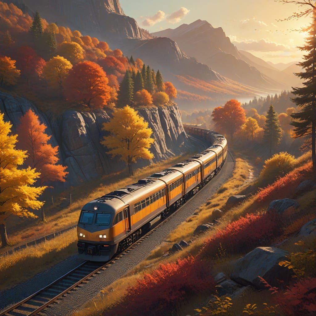 Autumn Train Journey Through Vivid Landscape