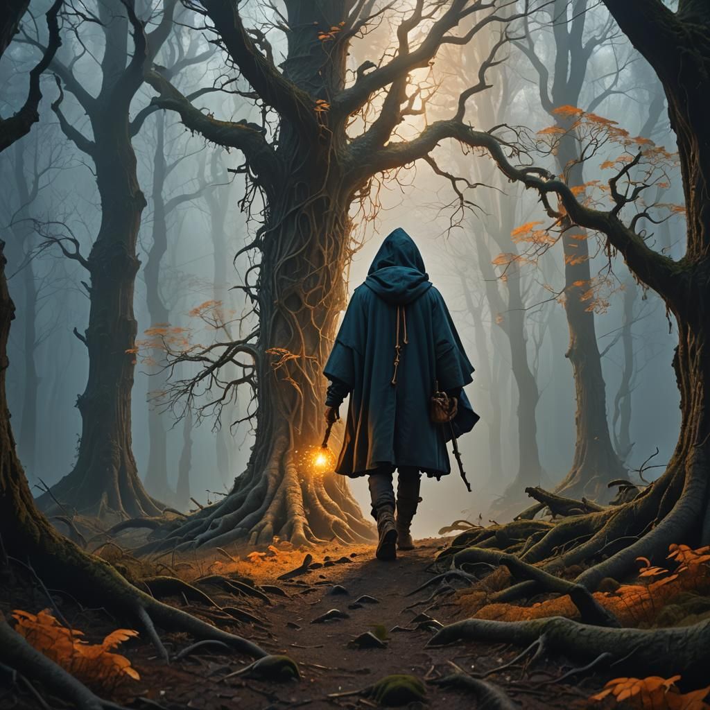 Mysterious Traveler in Misty Forest: Fantasy Concept Art