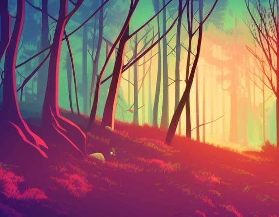 Neon Retro Forest Landscape with Cat, Anime Style