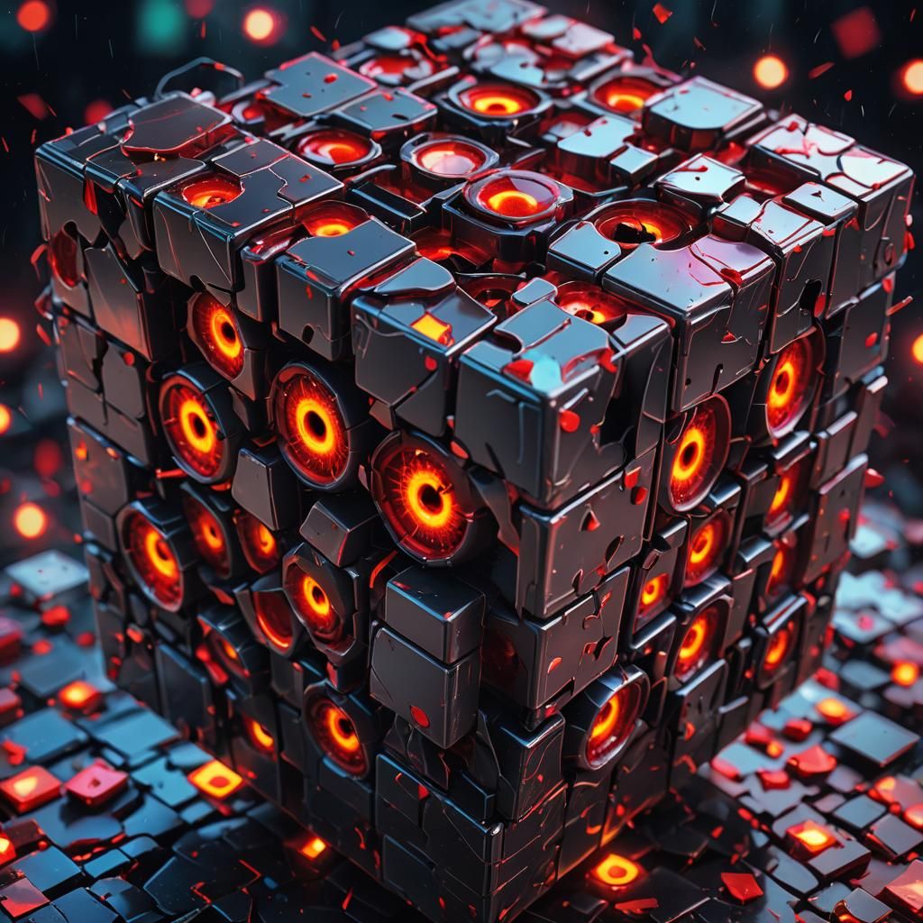 Surrealist Demon Rubik's Cube in Neon Colors