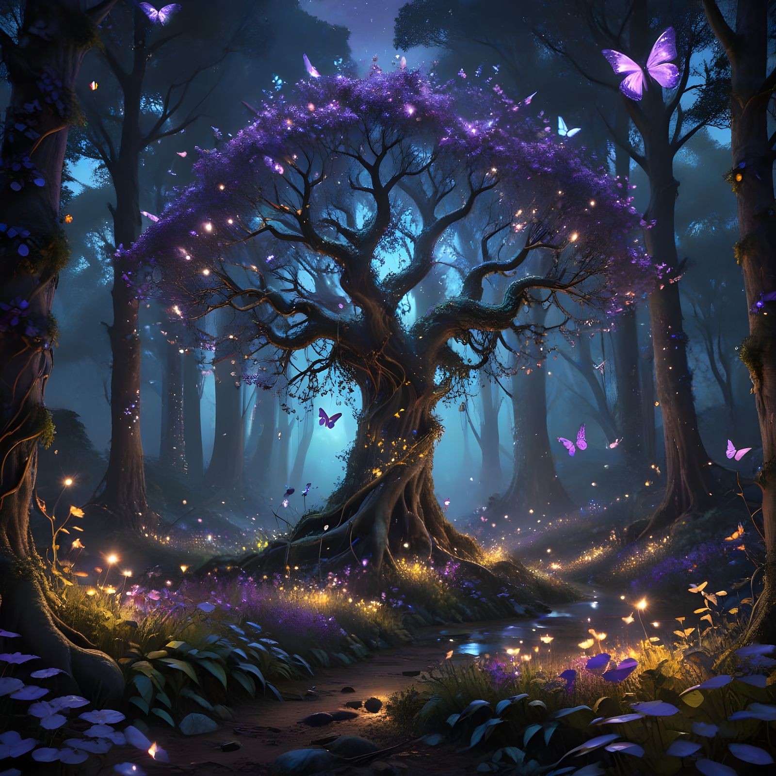 ✨ Na floresta das fadas, uma árvore brilha em tons de sonho, onde a magia dança no ar. 💜🌿