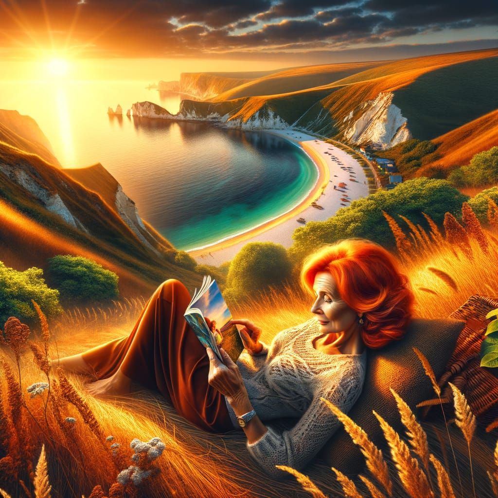 Woman Reading by the Sea at Dawn in Hyperrealistic Style